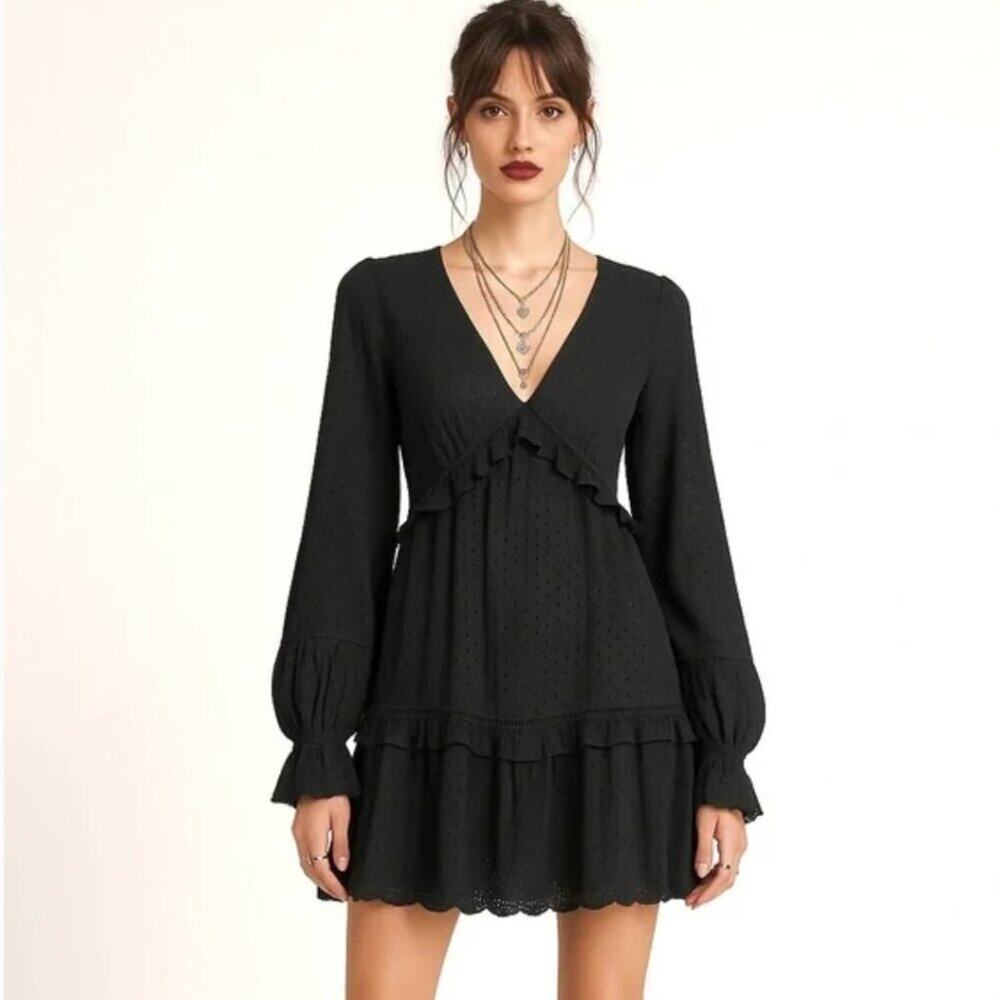 Jonathan Simkhai Black Eyelet Ruffle A-line Whimsigoth Mini Dress Size Medium